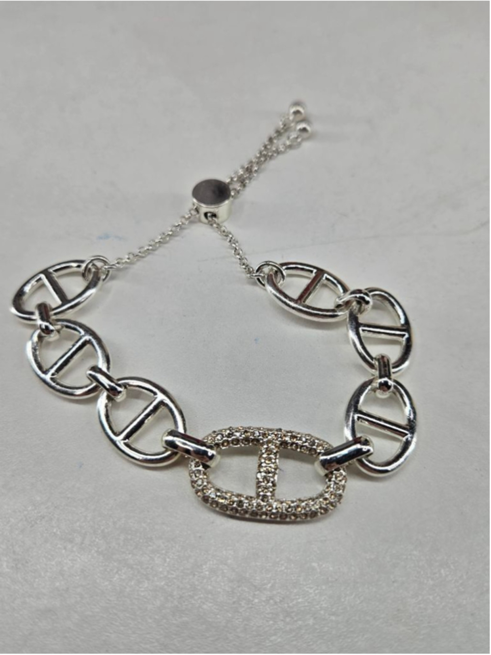 Bomb Party Bracelet Mariner Link CZ Crystal Accent Adjustable Silvertone Chain
